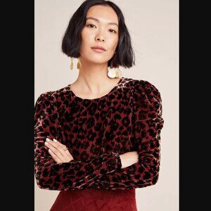 Anthropologie DOLAN Leopard Print Velour Puff Sleeve Blouse